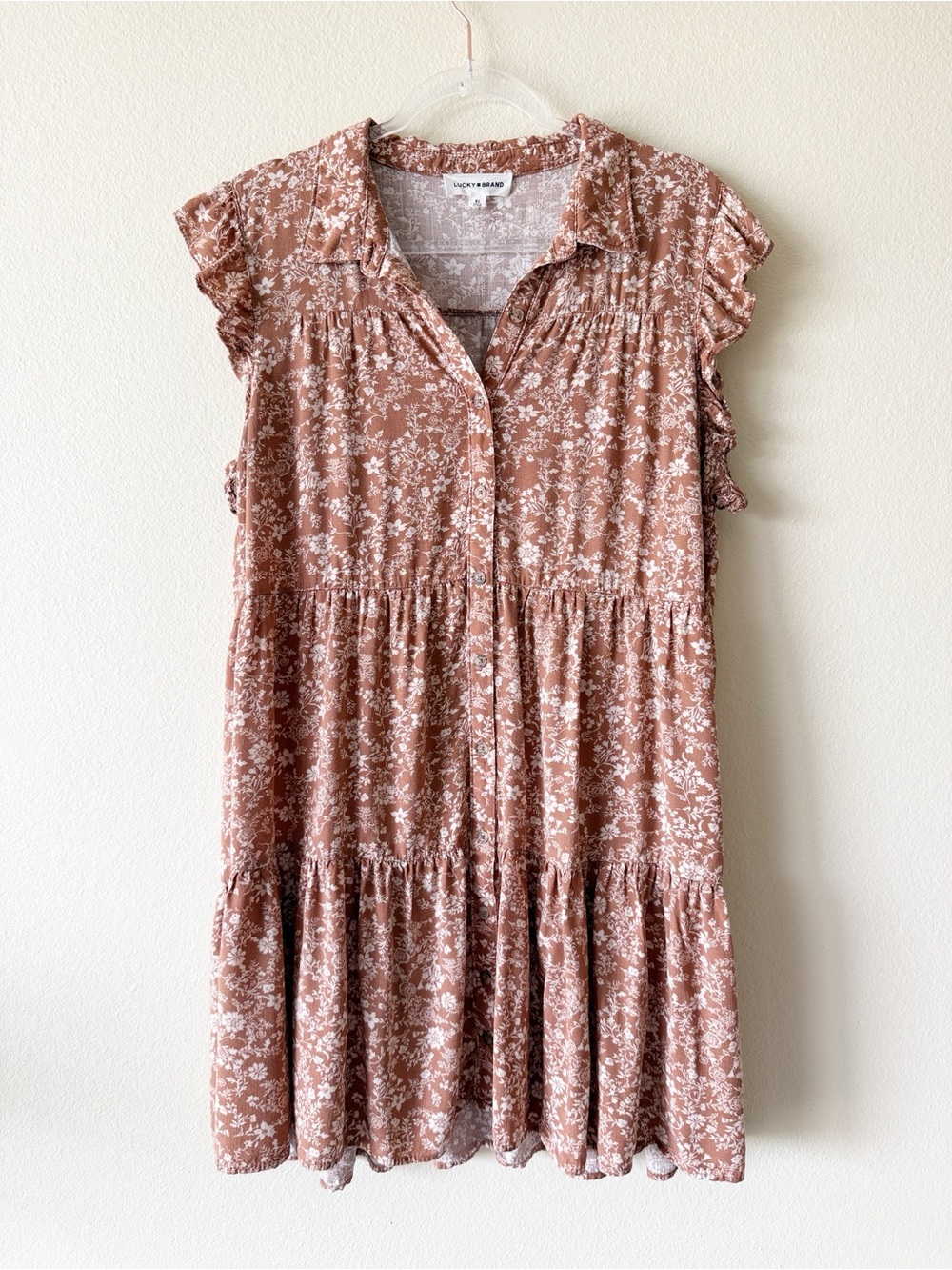 Lucky Brand Boho Floral Tiered Button Front Mini Dress Rayon - Picture 2 of 13